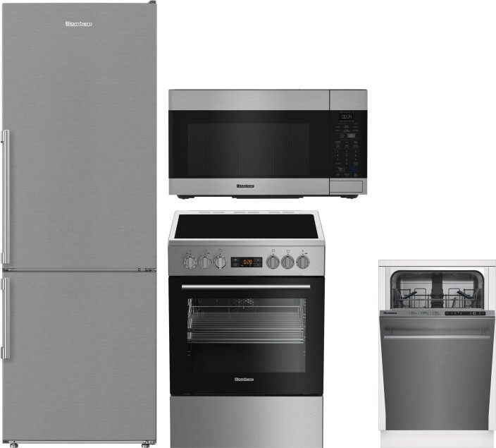 Blomberg 4 Piece Kitchen Appliances Package with Bottom Freezer Refrigerator, Electric Range, Dishwasher and Over the Range Microwave in Stainless Ste