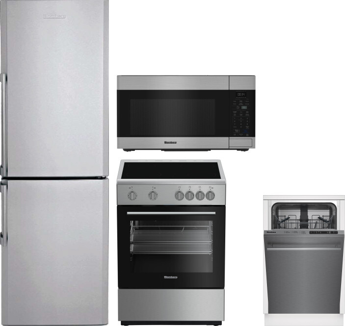 Blomberg 4 Piece Kitchen Appliances Package with Bottom Freezer Refrigerator, Electric Range, Dishwasher and Over the Range Microwave in Stainless Ste