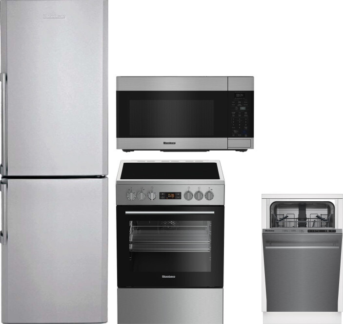 Blomberg 4 Piece Kitchen Appliances Package with Bottom Freezer Refrigerator, Electric Range, Dishwasher and Over the Range Microwave in Stainless Ste