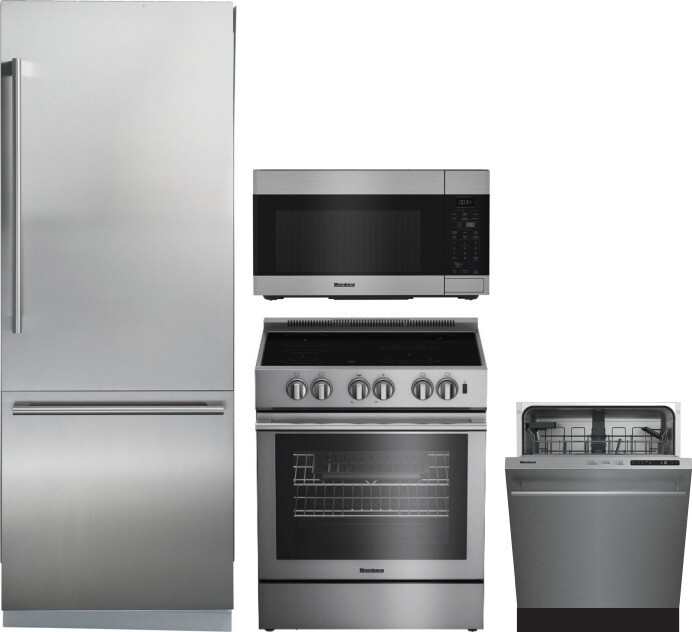 Blomberg 4 Piece Kitchen Appliances Package with Bottom Freezer Refrigerator, Electric Range, Dishwasher and Over the Range Microwave in Stainless Ste