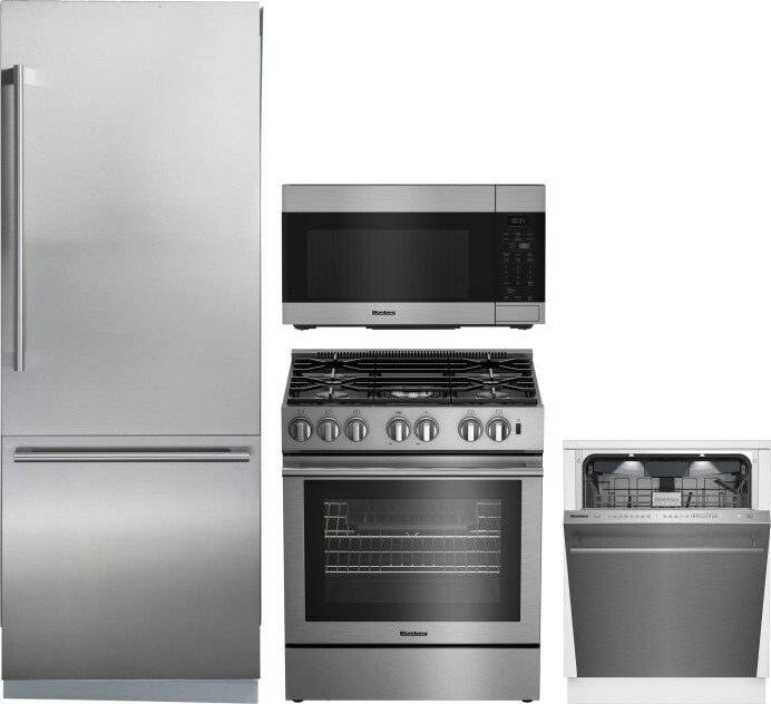Blomberg 4 Piece Kitchen Appliances Package with Bottom Freezer Refrigerator, Dual Fuel Range, Dishwasher and Over the Range Microwave in Stainless St
