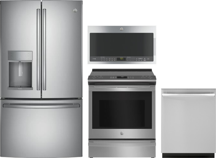 GE Profile 4 Piece Kitchen Appliances Package with French Door Refrigerator, Electric Range, Dishwasher and Over the Range Microwave in Stainless Stee