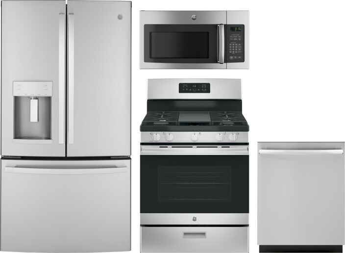 GE 4 Piece Kitchen Appliances Package with French Door Refrigerator, Gas Range, Dishwasher and Over the Range Microwave in Stainless Steel GERERADWMW3