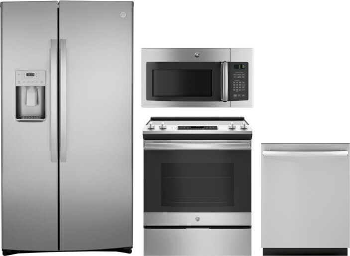 GE 4 Piece Kitchen Appliances Package with Side-by-Side Refrigerator, Electric Range, Dishwasher and Over the Range Microwave in Stainless Steel GERER