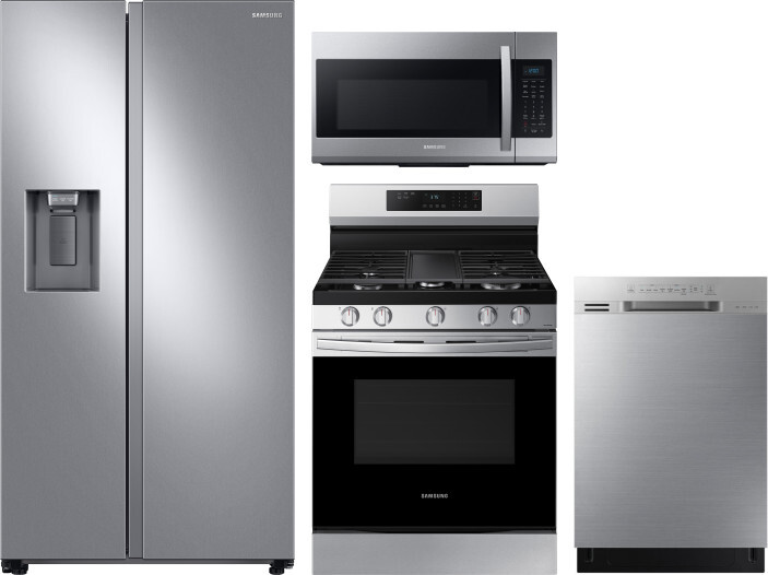 Samsung 4 Piece Kitchen Appliances Package with Side-by-Side Refrigerator, Gas Range, Dishwasher and Over the Range Microwave in Stainless Steel SARER -  SARERADWMW7398