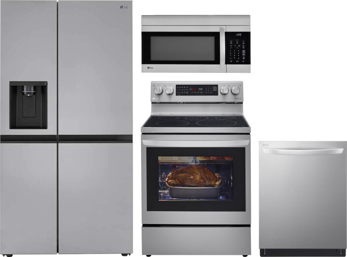 LG 4 Piece Kitchen Appliances Package with Side-by-Side Refrigerator, Electric Range, Dishwasher and Over the Range Microwave in Stainless Steel LGRER