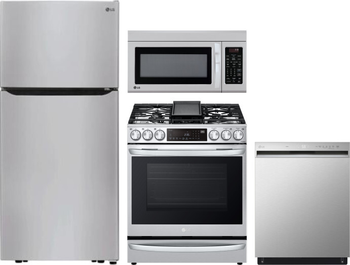 LG 4 Piece Kitchen Appliances Package with Top Freezer Refrigerator, Gas Range, Dishwasher and Over the Range Microwave in Stainless Steel LGRERADWMW3