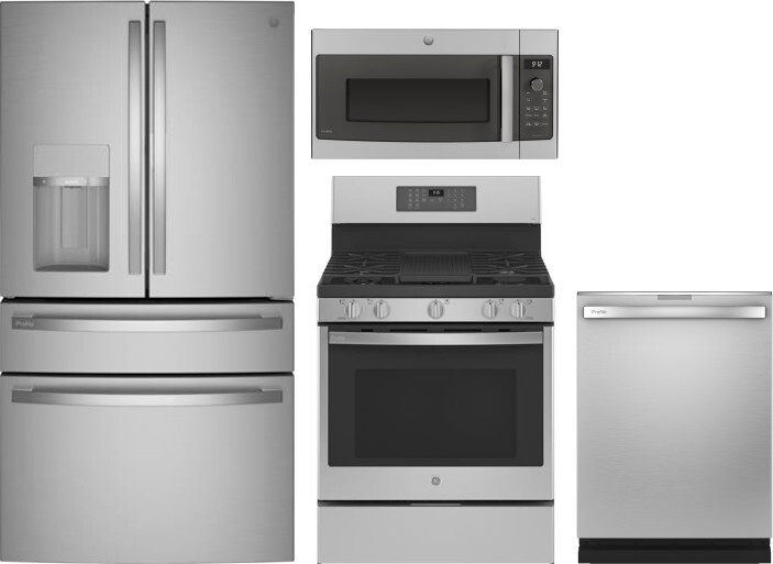 GE Profile 4 Piece Kitchen Appliances Package with French Door Refrigerator, Gas Range, Over the Range Microwave and Dishwasher in Stainless Steel GER