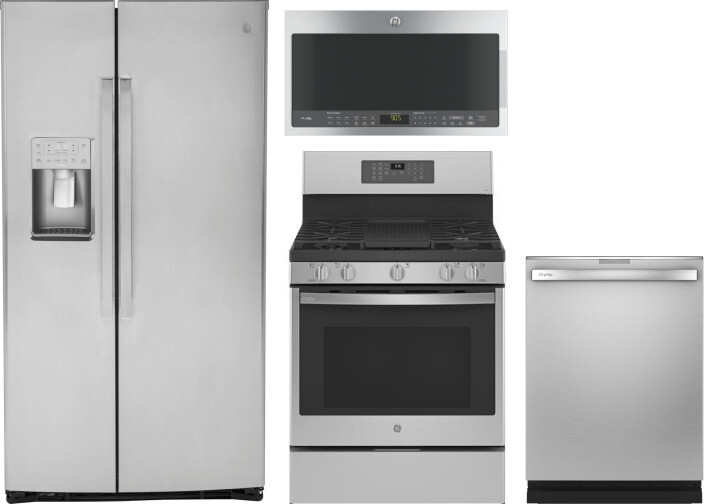 GE Profile 4 Piece Kitchen Appliances Package with Side-by-Side Refrigerator, Gas Range, Over the Range Microwave and Dishwasher in Stainless Steel GE