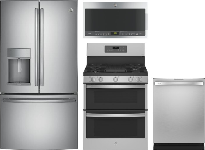 GE Profile 4 Piece Kitchen Appliances Package with French Door Refrigerator, Gas Range, Over the Range Microwave and Dishwasher in Stainless Steel GER