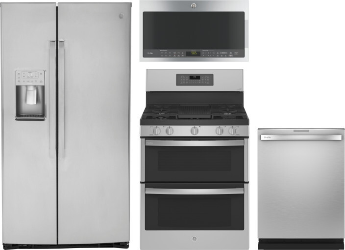 GE Profile 4 Piece Kitchen Appliances Package with Side-by-Side Refrigerator, Gas Range, Over the Range Microwave and Dishwasher in Stainless Steel GE