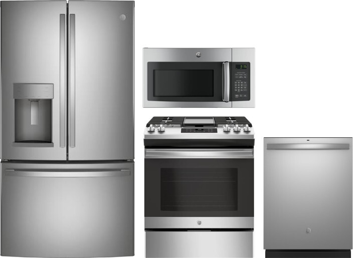 GE 4 Piece Kitchen Appliances Package with French Door Refrigerator, Gas Range, Over the Range Microwave and Dishwasher in Stainless Steel GERERADWMW3