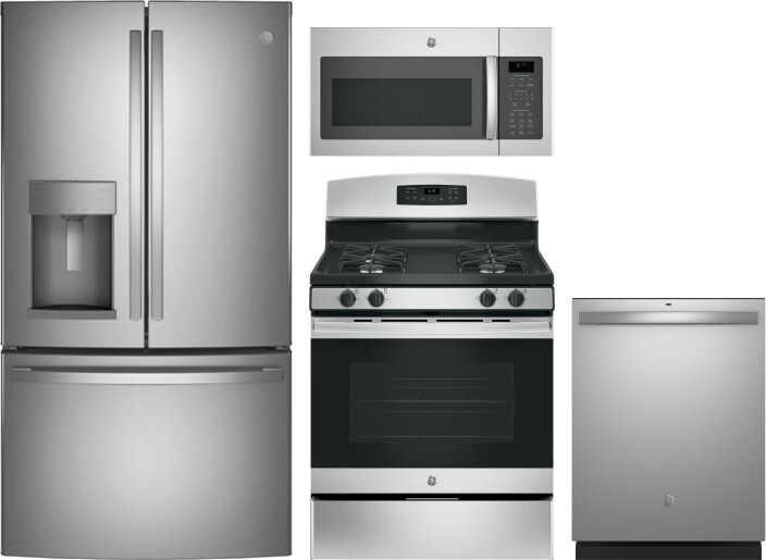 GE 4 Piece Kitchen Appliances Package with French Door Refrigerator, Gas Range, Over the Range Microwave and Dishwasher in Stainless Steel GERERADWMW3