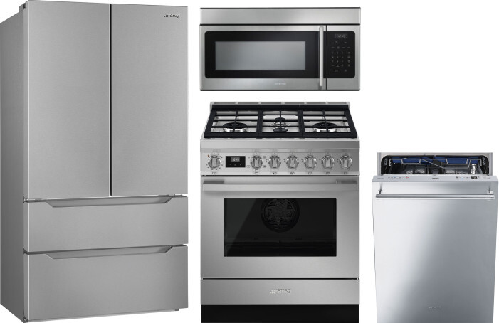 Smeg 4 Piece Kitchen Appliances Package with French Door Refrigerator, Gas Range, Dishwasher and Over the Range Microwave in Stainless Steel SMRERADWM