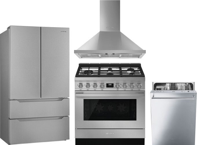 Smeg 4 Piece Kitchen Appliances Package with French Door Refrigerator, Gas Range and Dishwasher in Stainless Steel SMRERADWRH101