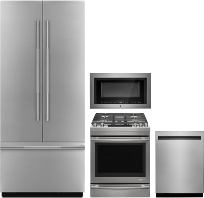 JennAir 4 Piece Kitchen Appliances Package with French Door Refrigerator, Gas Range, Dishwasher and Over the Range Microwave in Panel Ready JENRERADWR