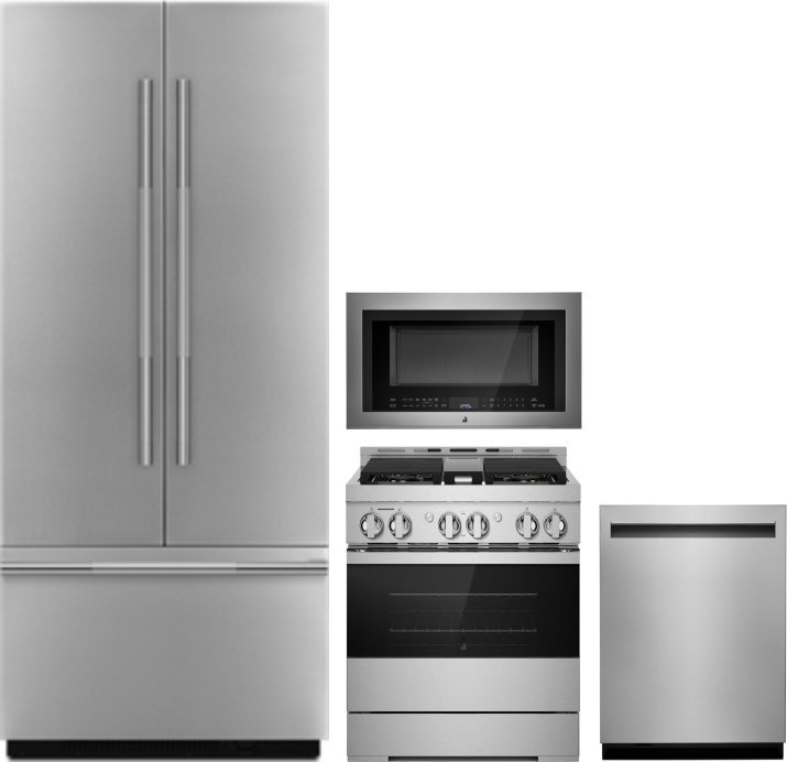 JennAir 4 Piece Kitchen Appliances Package with French Door Refrigerator, Gas Range, Dishwasher and Over the Range Microwave in Panel Ready JENRERADWR