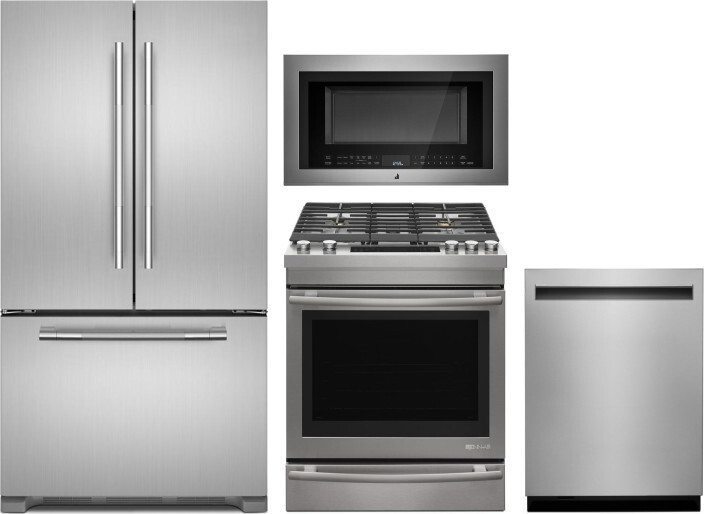JennAir 4 Piece Kitchen Appliances Package with French Door Refrigerator, Gas Range, Dishwasher and Over the Range Microwave in Stainless Steel JENRER
