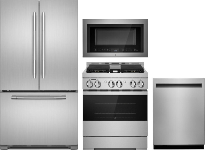 JennAir 4 Piece Kitchen Appliances Package with French Door Refrigerator, Gas Range, Dishwasher and Over the Range Microwave in Stainless Steel JENRER