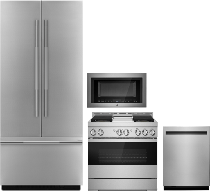 JennAir 4 Piece Kitchen Appliances Package with French Door Refrigerator, Gas Range, Dishwasher and Over the Range Microwave in Panel Ready JENRERADWR