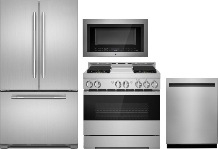 JennAir 4 Piece Kitchen Appliances Package with French Door Refrigerator, Gas Range, Dishwasher and Over the Range Microwave in Stainless Steel JENRER