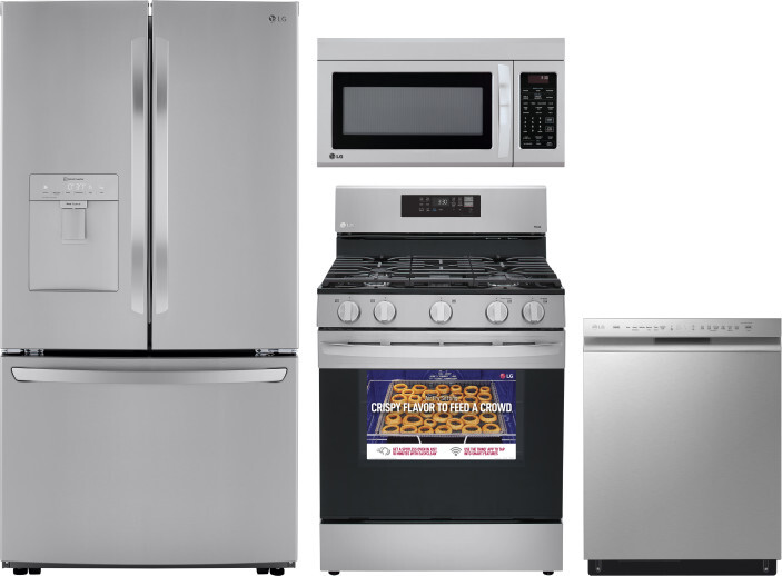 LG 4 Piece Kitchen Appliances Package with French Door Refrigerator, Gas Range, Over the Range Microwave and Dishwasher in Stainless Steel LGRERADWMW3
