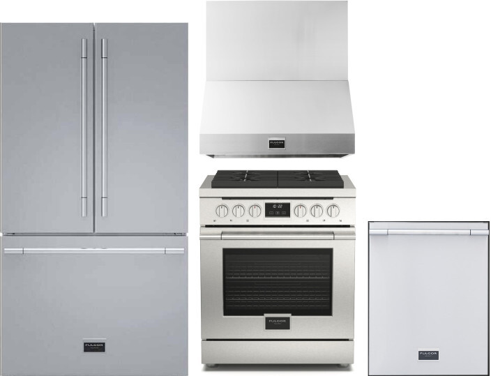 Fulgor Milano 4 Piece Kitchen Appliances Package with French Door Refrigerator, Gas Range and Dishwasher in Stainless Steel FMRERADWRH100