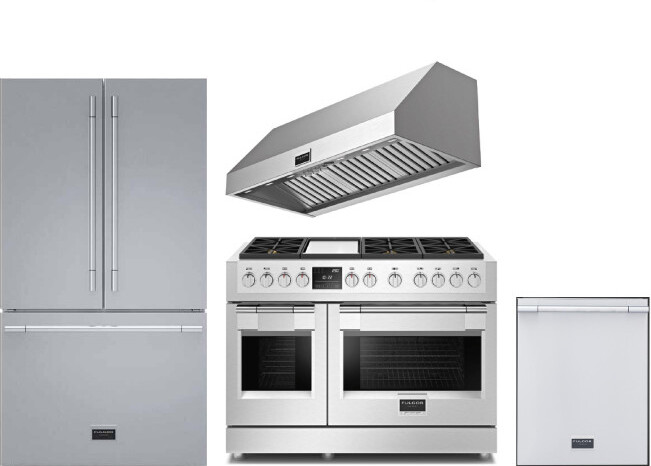 Fulgor Milano 4 Piece Kitchen Appliances Package with French Door Refrigerator, Dual Fuel Range and Dishwasher in Stainless Steel FMRERADWRH104