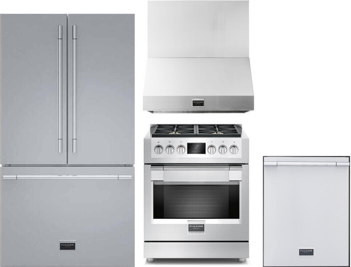 Fulgor Milano 4 Piece Kitchen Appliances Package with French Door Refrigerator, Gas Range and Dishwasher in Stainless Steel FMRERADWRH105