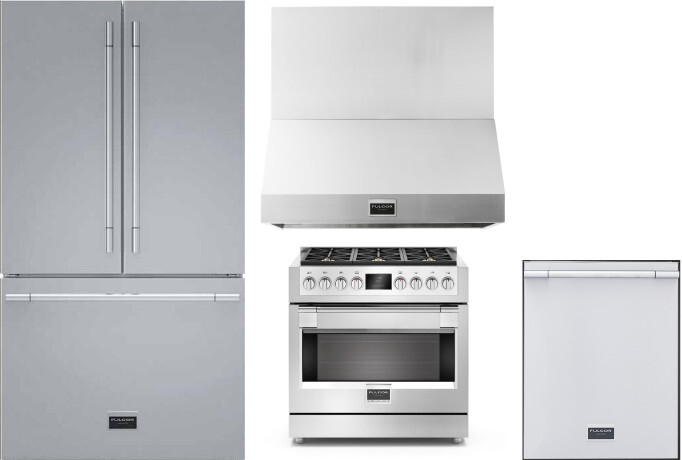 Fulgor Milano 4 Piece Kitchen Appliances Package with French Door Refrigerator, Gas Range and Dishwasher in Stainless Steel FMRERADWRH106