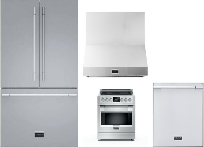Fulgor Milano 4 Piece Kitchen Appliances Package with French Door Refrigerator, Induction Range and Dishwasher in Stainless Steel FMRERADWRH107