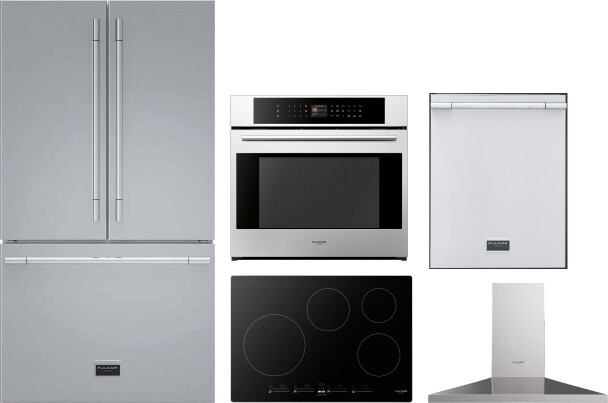 Fulgor Milano 5 Piece Kitchen Appliances Package with French Door Refrigerator and Dishwasher in Stainless Steel FMRECTWORH204