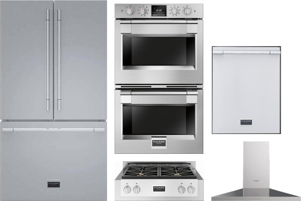 Fulgor Milano 5 Piece Kitchen Appliances Package with French Door Refrigerator and Dishwasher in Stainless Steel FMRECTWORH210