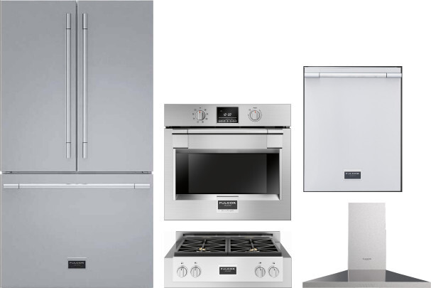 Fulgor Milano 5 Piece Kitchen Appliances Package with French Door Refrigerator and Dishwasher in Stainless Steel FMRECTWORH222
