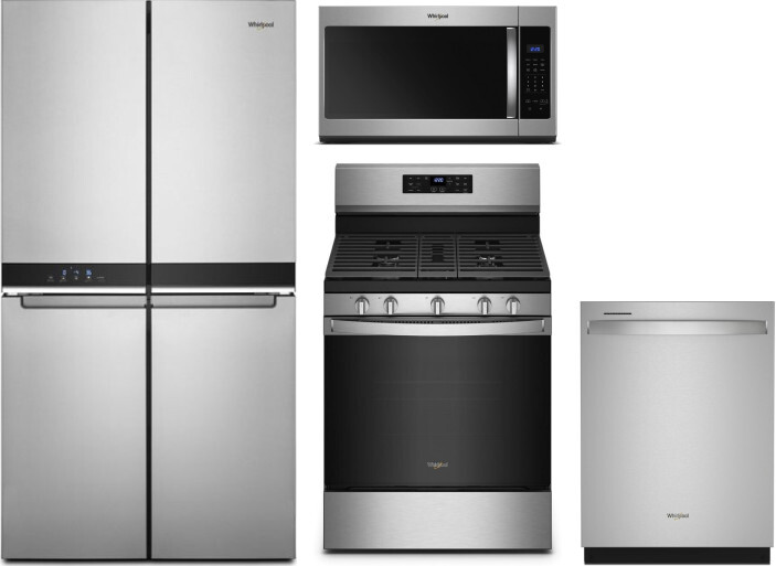 Whirlpool 4 Piece Kitchen Appliances Package with French Door Refrigerator, Gas Range, Over the Range Microwave and Dishwasher in Stainless Steel WPRE