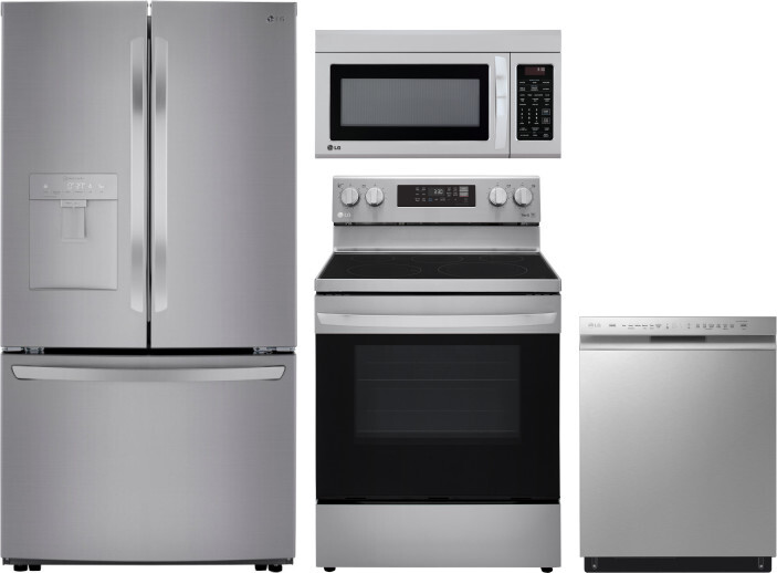 LG 4 Piece Kitchen Appliances Package with French Door Refrigerator, Electric Range, Dishwasher and Over the Range Microwave in Stainless Look LGRERAD -  LRFWS2906V