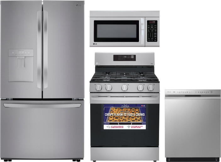 LG 4 Piece Kitchen Appliances Package with French Door Refrigerator, Gas Range, Dishwasher and Over the Range Microwave in Stainless Look LGRERADWMW38