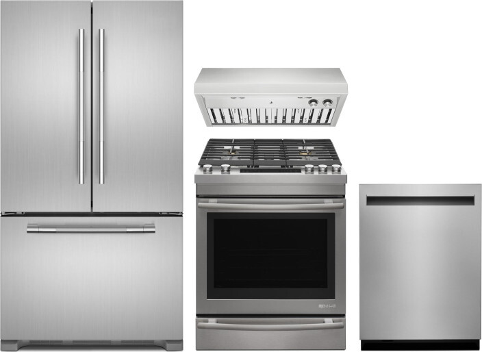 JennAir 4 Piece Kitchen Appliances Package with French Door Refrigerator, Gas Range and Dishwasher in Stainless Steel JARERADWRH703