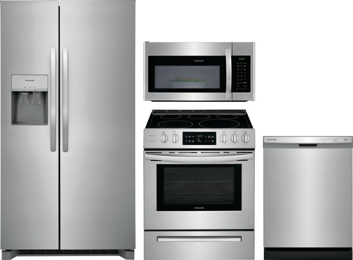 Frigidaire 4 Piece Kitchen Appliances Package with Side-by-Side Refrigerator, Electric Range, Dishwasher and Over the Range Microwave in Stainless Ste -  FRSS2633AS