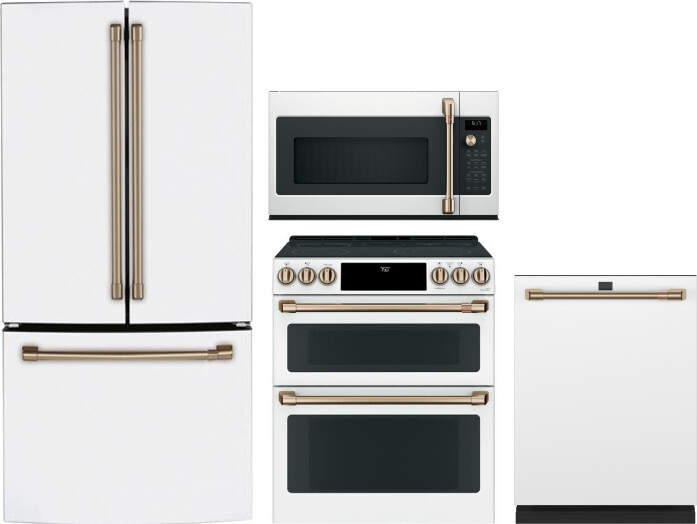 Cafe 4 Piece Kitchen Appliances Package with French Door Refrigerator, Electric Range, Dishwasher and Over the Range Microwave in Matte White CAFRERAD