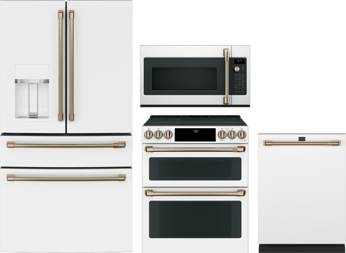 Cafe 4 Piece Kitchen Appliances Package with French Door Refrigerator, Electric Range, Dishwasher and Over the Range Microwave in Matte White CAFRERAD