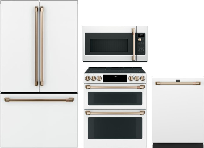 Cafe 4 Piece Kitchen Appliances Package with French Door Refrigerator, Electric Range, Dishwasher and Over the Range Microwave in Matte White CAFRERAD