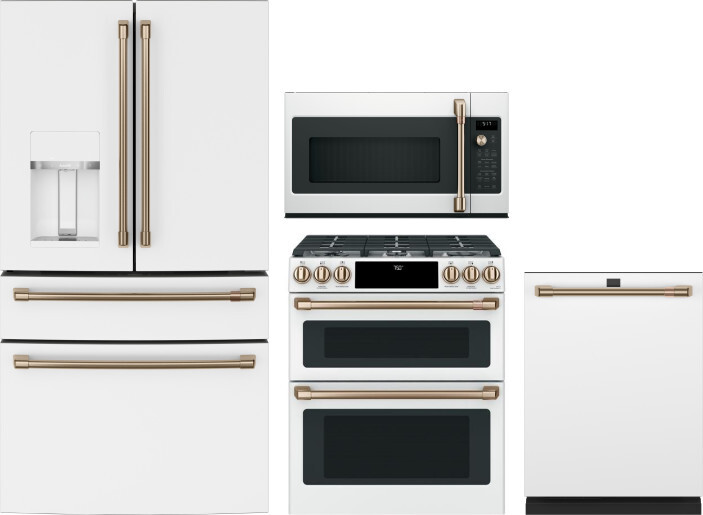 Cafe 4 Piece Kitchen Appliances Package with French Door Refrigerator, Gas Range, Dishwasher and Over the Range Microwave in Matte White CAFRERADWMW10