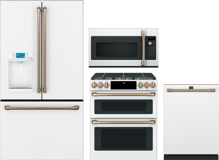 Cafe 4 Piece Kitchen Appliances Package with French Door Refrigerator, Gas Range, Dishwasher and Over the Range Microwave in Matte White CAFRERADWMW10
