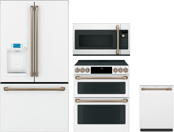 Cafe 4 Piece Kitchen Appliances Package with French Door Refrigerator, Electric Range, Dishwasher and Over the Range Microwave in Matte White CAFRERAD