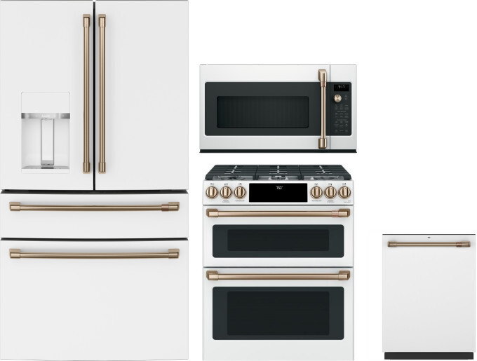 Cafe 4 Piece Kitchen Appliances Package with French Door Refrigerator, Gas Range, Dishwasher and Over the Range Microwave in Matte White CAFRERADWMW10