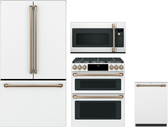 Cafe 4 Piece Kitchen Appliances Package with French Door Refrigerator, Gas Range, Dishwasher and Over the Range Microwave in Matte White CAFRERADWMW10