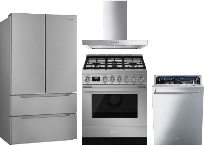 Smeg 4 Piece Kitchen Appliances Package with French Door Refrigerator, Gas Range and Dishwasher in Stainless Steel SMRERADWRH700