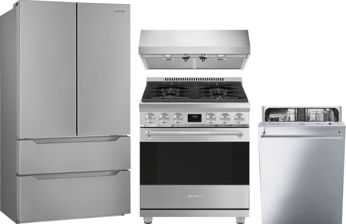 Smeg 4 Piece Kitchen Appliances Package with French Door Refrigerator, Gas Range and Dishwasher in Stainless Steel SMRERADWRH701