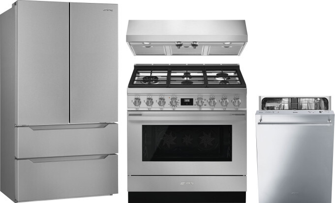Smeg 4 Piece Kitchen Appliances Package with French Door Refrigerator, Gas Range and Dishwasher in Stainless Steel SMRERADWRH705